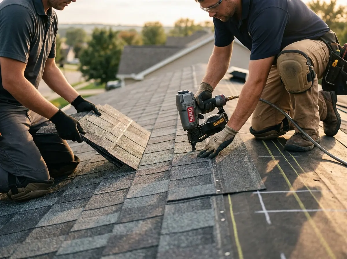 Professional roofer working on a residential roof in Pevely